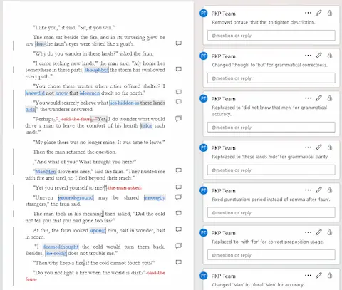 Book editor sample: tracked changes on a fiction manuscript page